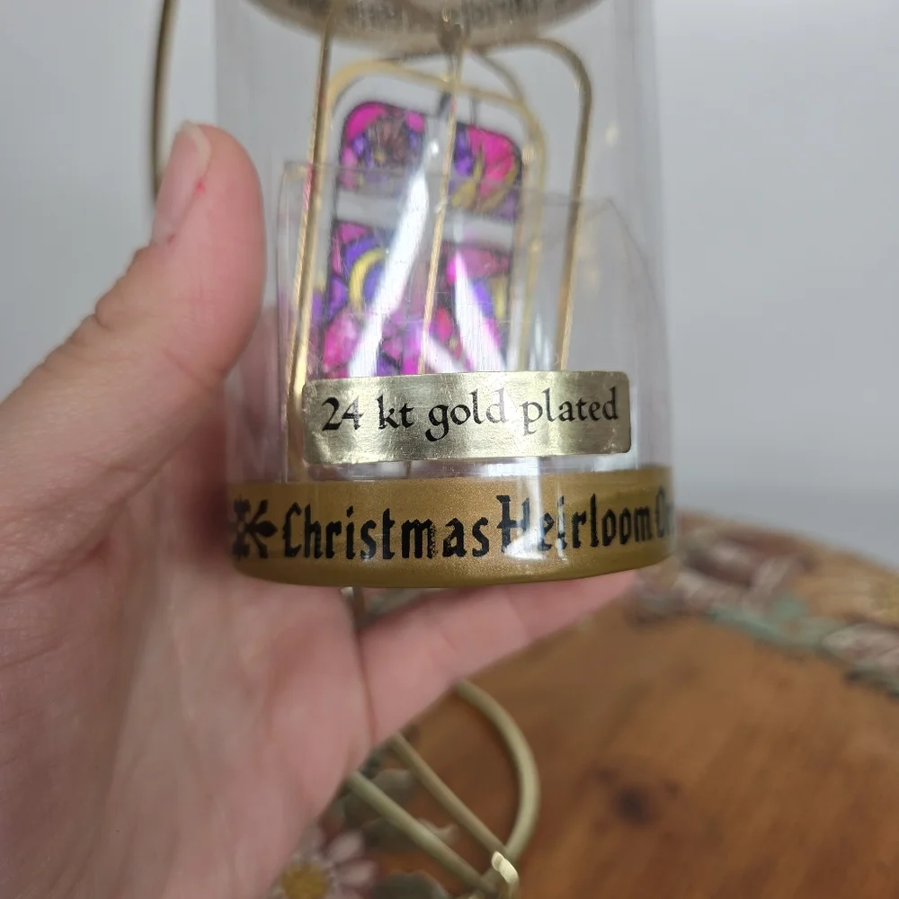 VTG Christmas Heirloom Ornament 24kt Gold Plated Cross Pink Purple Stained Glass